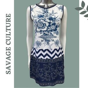Savage Culture Sleeveless Summer Dress Blue White Mixed Pattern Size Medium